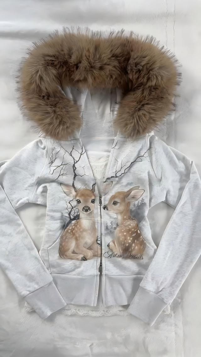 Embroidery Zip Up Hoodie - Cardigan Aperto con Cappuccio e Fodera