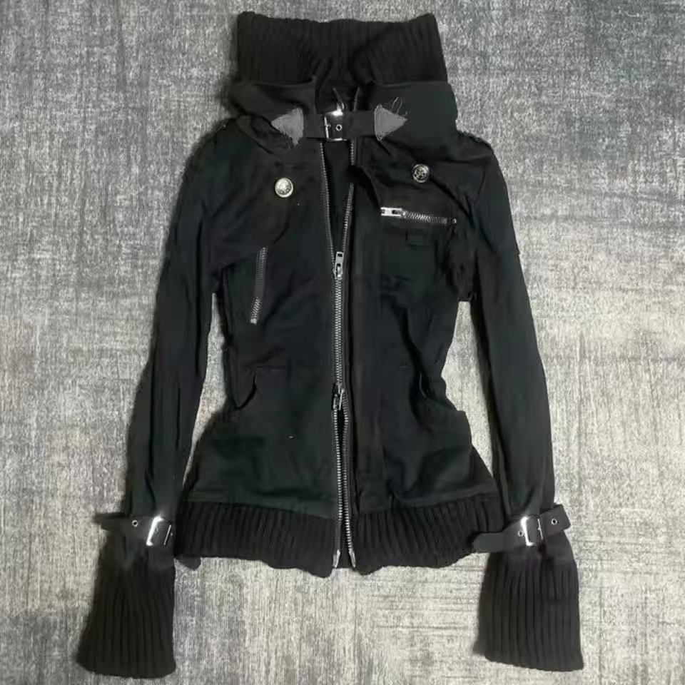 Embroidery Zip Up Hoodie - Felpa con Cappuccio Y2K Gotica Nera