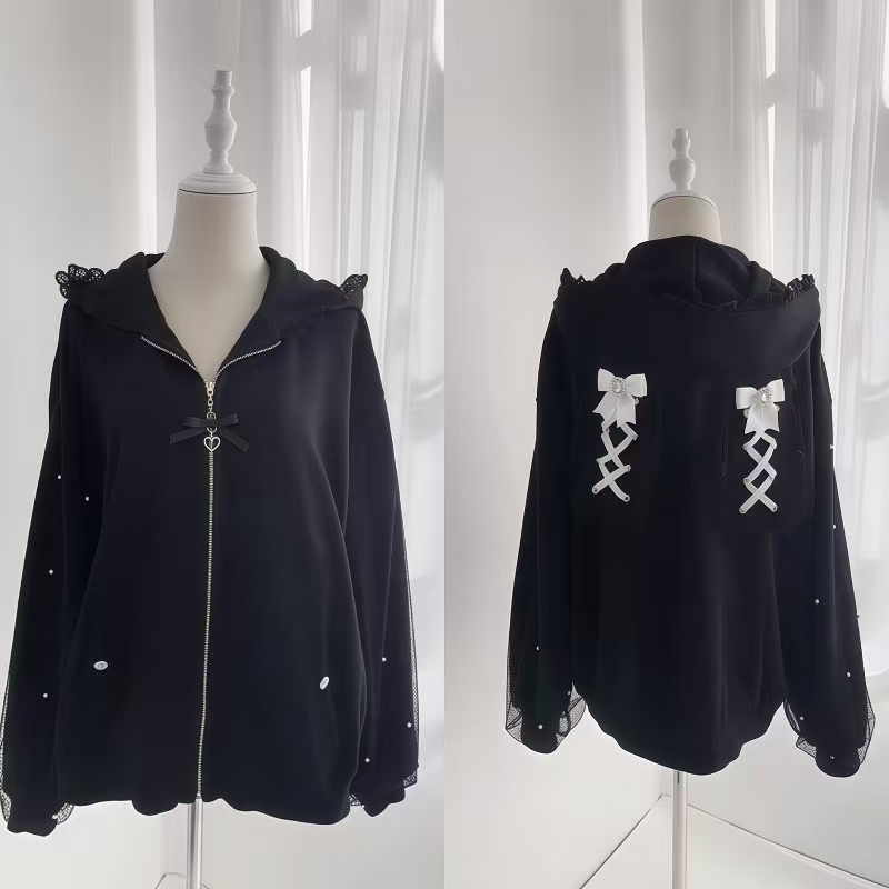 Embroidery Zip Up Hoodie - Giacca Invernale da Donna con Orecchie